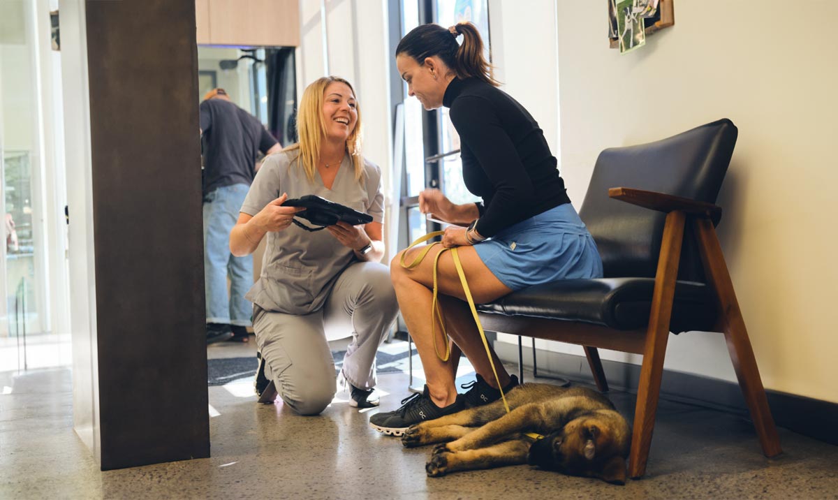 Veterinarian consulting pet owner; dog laying on floor - Zoetis