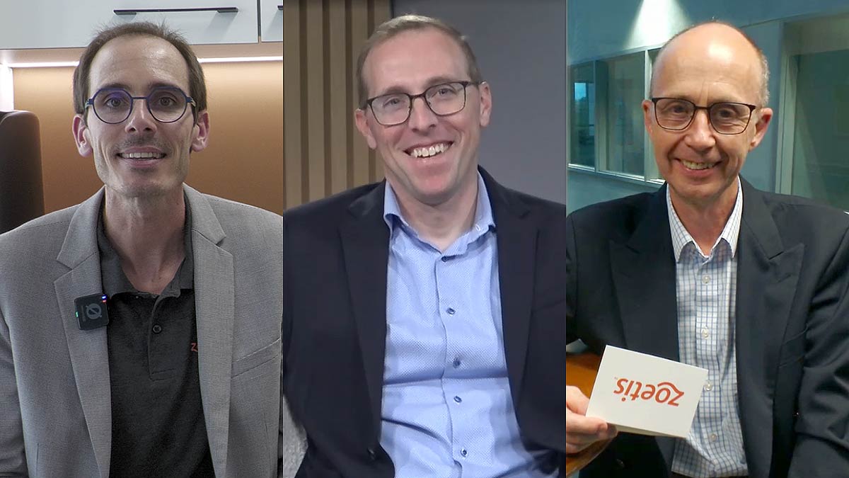 Zoetis' Dr. Antoine Fordin, Veterinarian and Companion Animal Medical Lead, Dr. Kevin Esch, Veterinarian, Veterinary Anatomic Pathologist and EVP and President of Research & Development, and Simon Sunderland, VP VMRD Global Regulatory Affairs and Pharmacovigilance